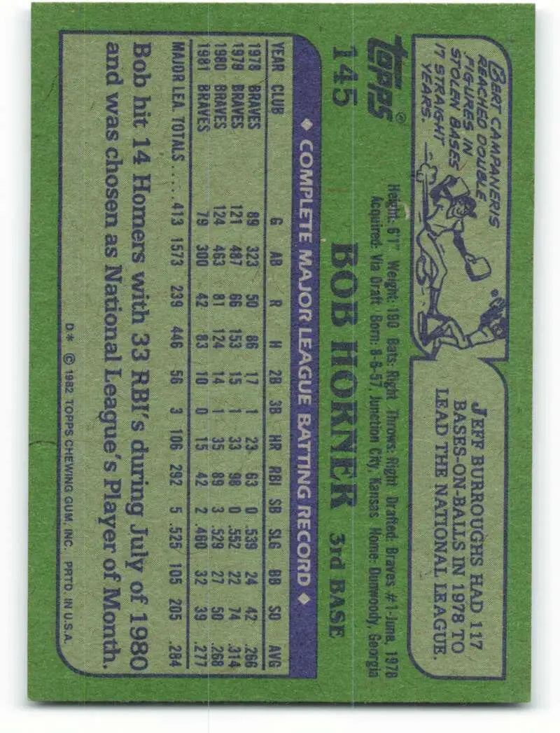 1982 Topps #145 Bob Horner EX Excellent Atlanta Braves Baseball Card - Baseball Card Single