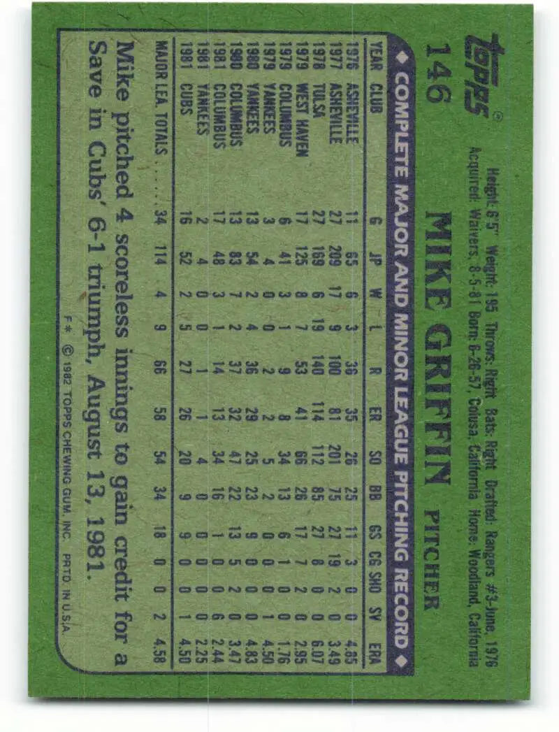 1982 Topps #146 Mike Griffin EX Excellent Chicago Cubs Baseball Card - Baseball Card Single