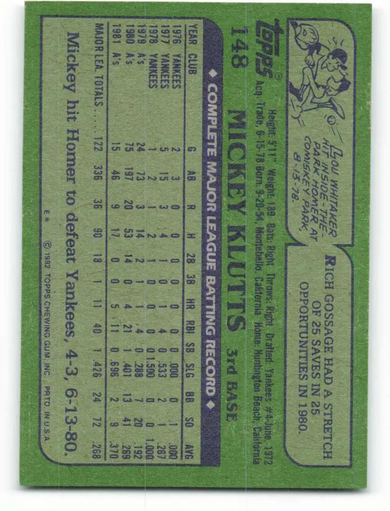 1982 Topps #148 Mickey Klutts EX Excellent Oakland Athletics Baseball Card - Baseball Card Single