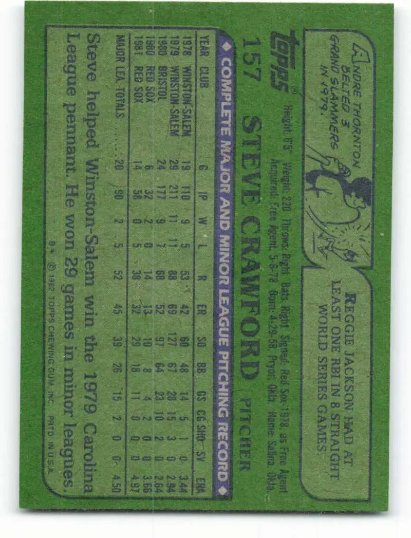 1982 Topps #157 Steve Crawford EX Excellent RC Rookie Boston Red Sox Baseball Card - Baseball Card Single