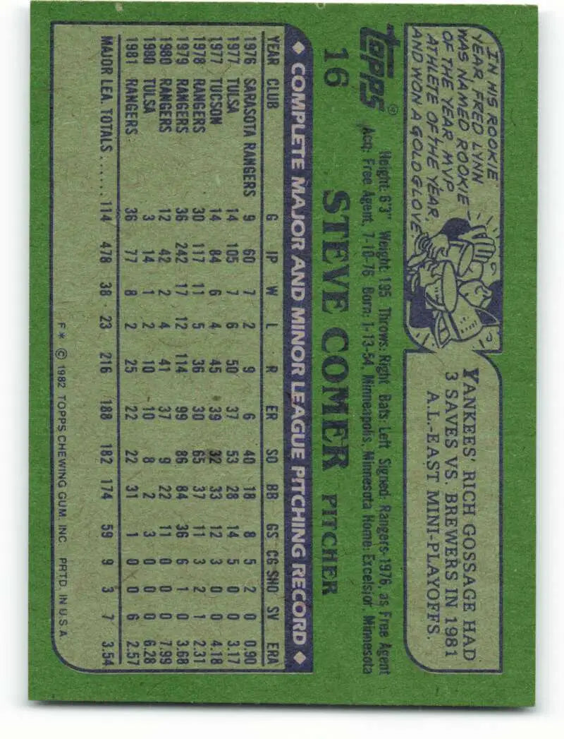 1982 Topps #16 Steve Comer EX Excellent Texas Rangers Baseball Card - Baseball Card Single