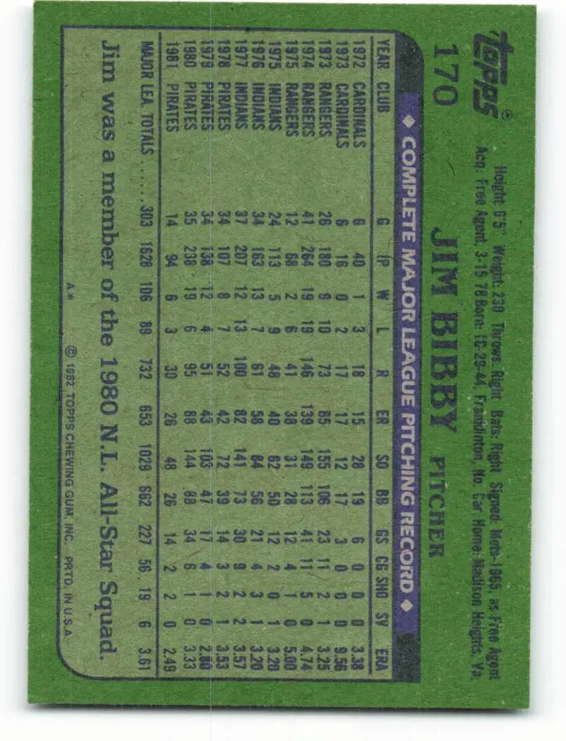 1982 Topps #170 Jim Bibby EX Excellent Pittsburgh Pirates Baseball Card - Baseball Card Single