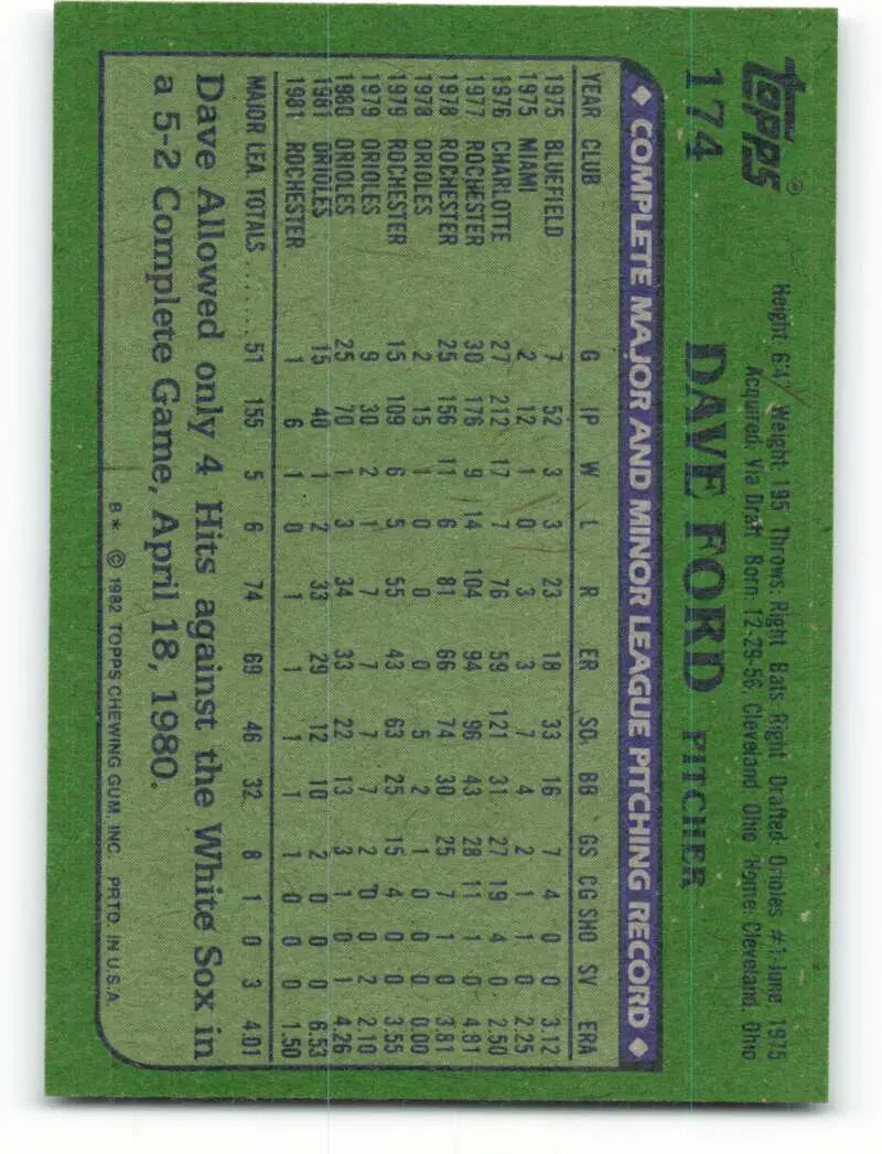 1982 Topps #174 Dave Ford EX Excellent Baltimore Orioles Baseball Card - Baseball Card Single