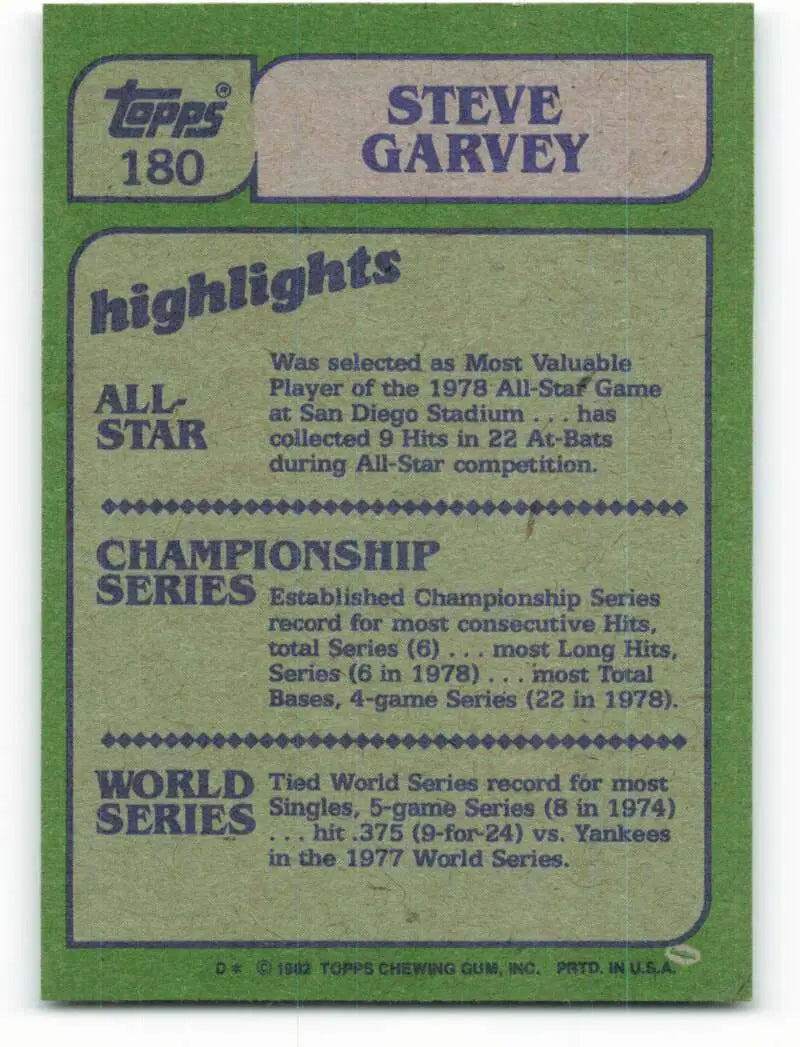 1982 Topps #180 Steve Garvey EX Excellent Los Angeles Dodgers Baseball Card - Baseball Card Single