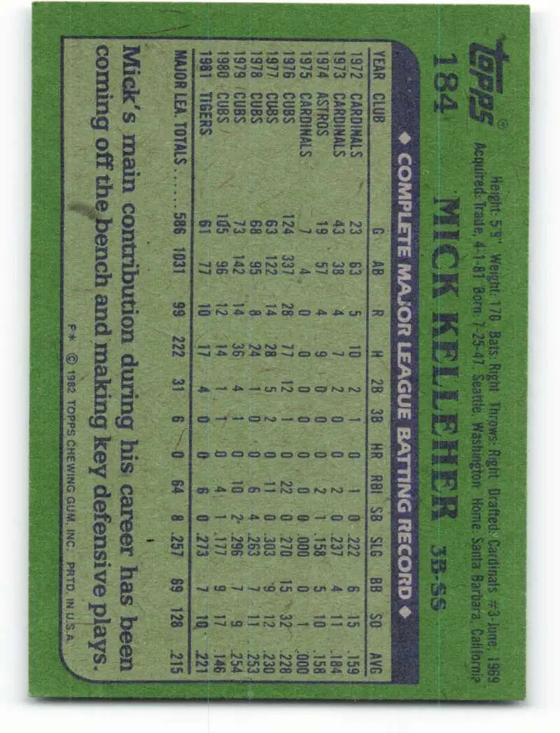 1982 Topps #184 Mick Kelleher EX Excellent Detroit Tigers Baseball Card - Baseball Card Single