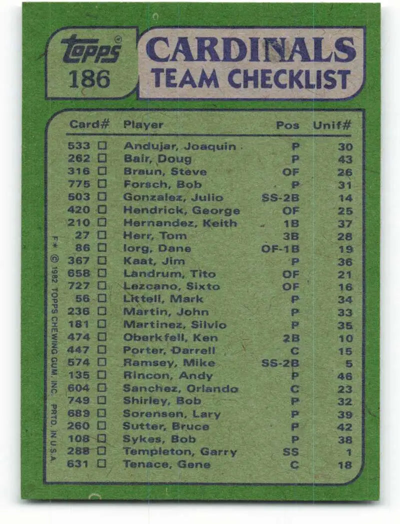 1982 Topps #186 Keith Hernandez/Bob Forsch EX Excellent St. Louis Cardinals Baseball Card - Baseball Card Single