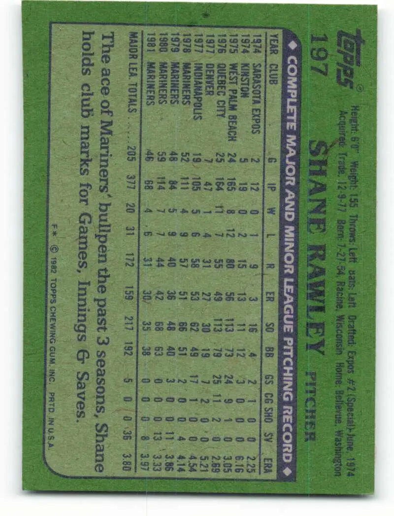 1982 Topps #197 Shane Rawley EX Excellent Seattle Mariners Baseball Card - Baseball Card Single