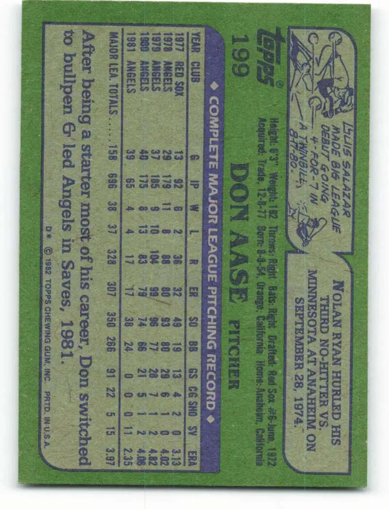 1982 Topps #199 Don Aase EX Excellent California Angels Baseball Card - Baseball Card Single