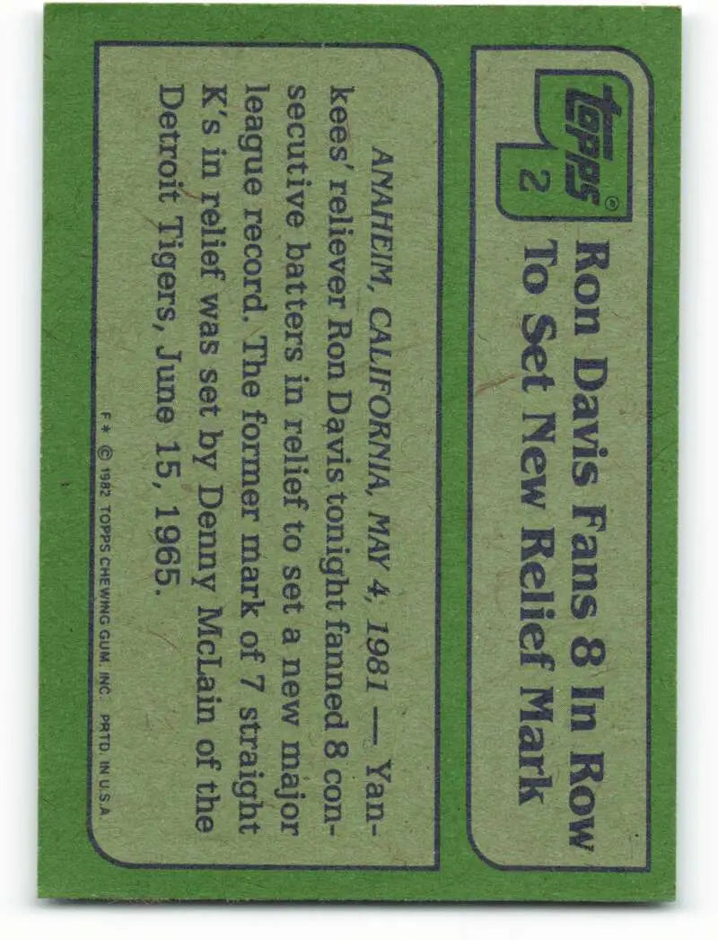 1982 Topps #2 Ron Davis EX Excellent New York Yankees Baseball Card - Baseball Card Single