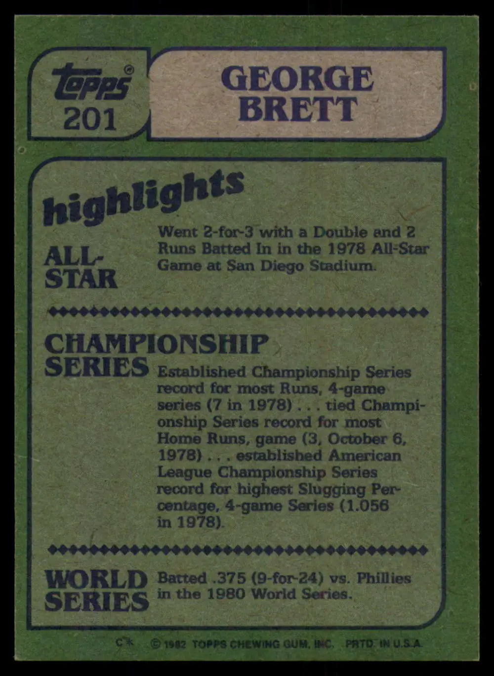 1982 Topps #201 George Brett EX Excellent Kansas City Royals Baseball Card - Baseball Card Single