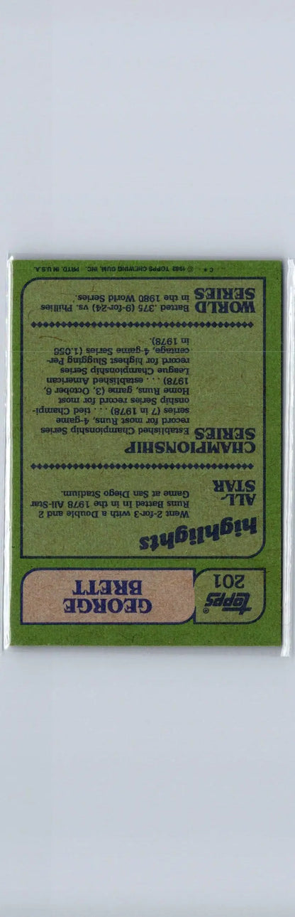 Back of a George Brett 1986 Topps baseball card featuring player details