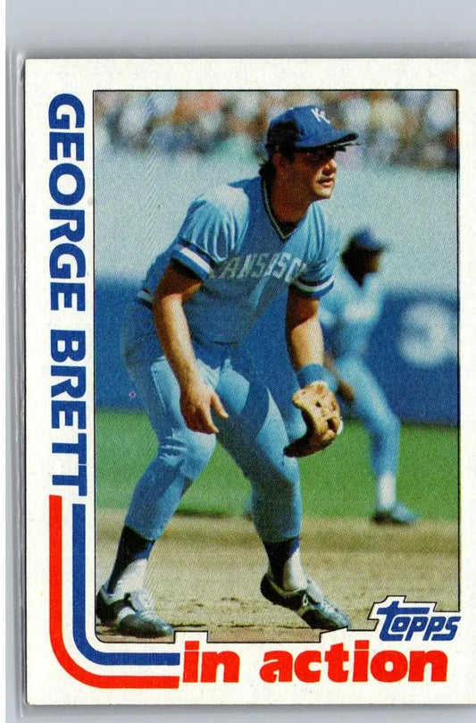 Vintage 1982 Topps #201 George Brett baseball card in light blue uniform with glove