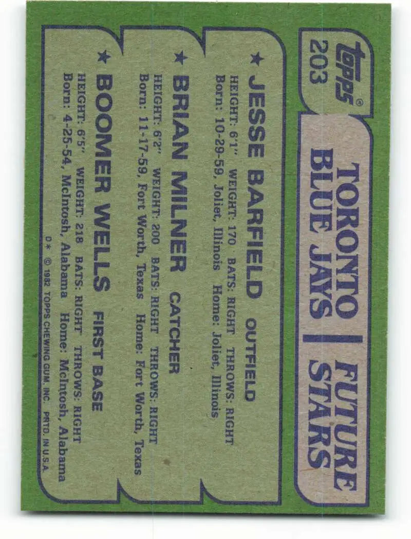 1982 Topps #203 Jesse Barfield/Brian Milner/Greg Wells EX Excellent RC Rookie Toronto Blue Jays Baseball Card