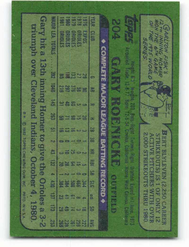 1982 Topps #204 Gary Roenicke EX Excellent Baltimore Orioles Baseball Card - Baseball Card Single