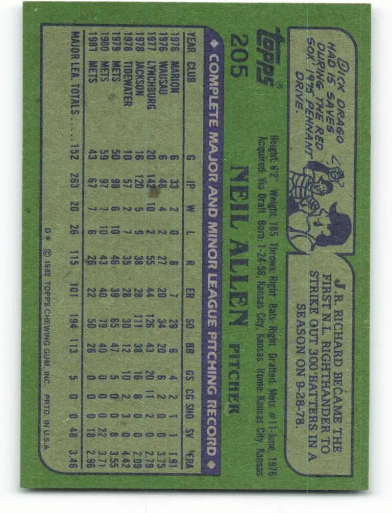 1982 Topps #205 Neil Allen EX Excellent New York Mets Baseball Card - Baseball Card Single