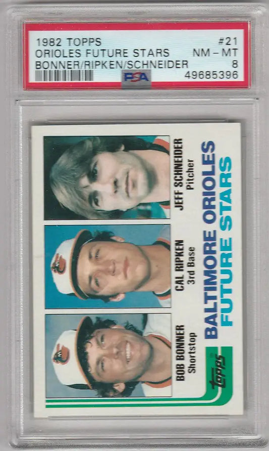 Graded 1982 Topps Cal Ripken Baltimore Orioles PSA 8 rookie card featuring three players