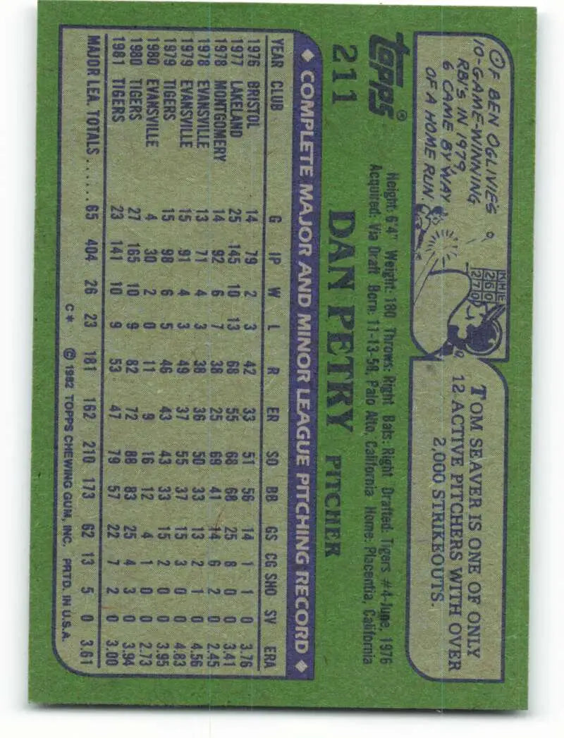 1982 Topps #211 Dan Petry EX Excellent Detroit Tigers Baseball Card - Baseball Card Single
