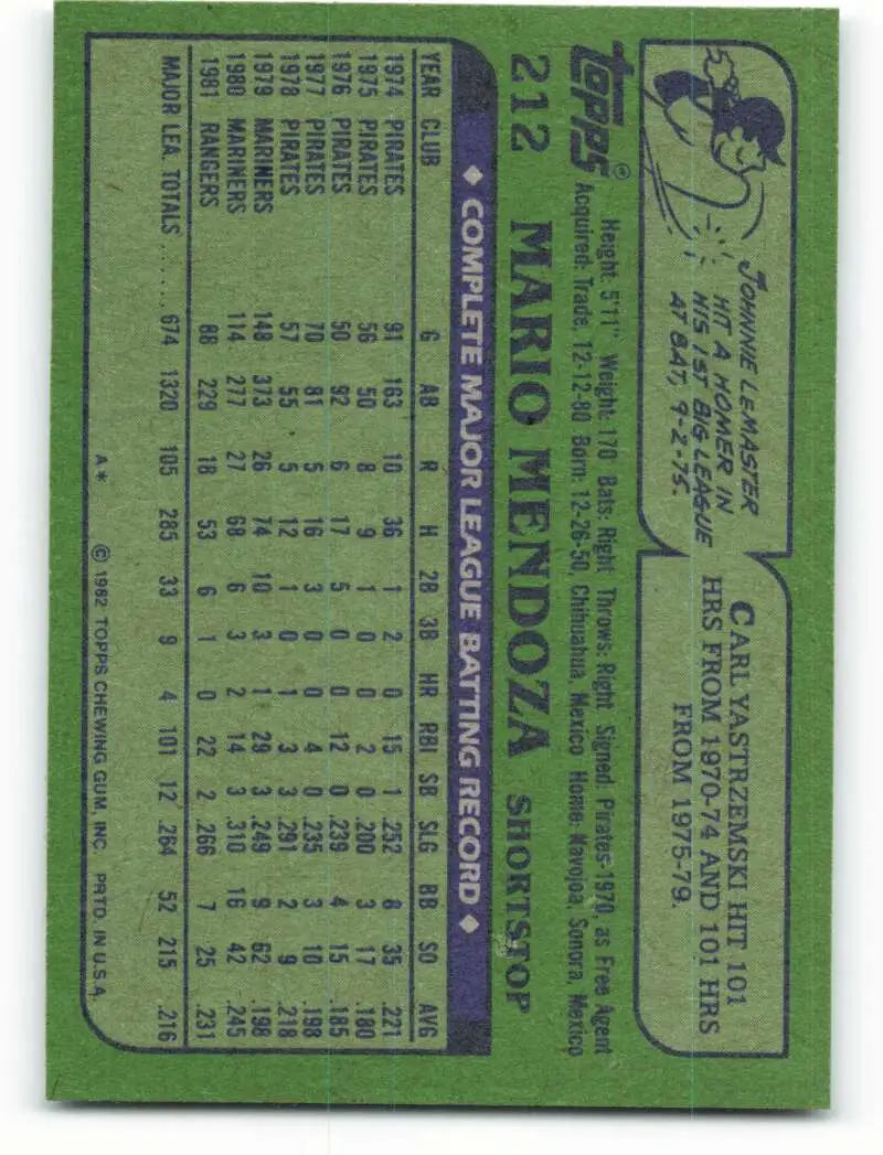 1982 Topps #212 Mario Mendoza EX Excellent Texas Rangers Baseball Card - Baseball Card Single