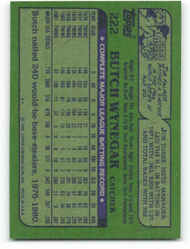1982 Topps #222 Butch Wynegar EX Excellent Minnesota Twins Baseball Card - Baseball Card Single