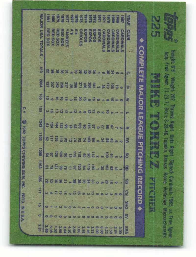 1982 Topps #225 Mike Torrez EX Excellent Boston Red Sox Baseball Card - Baseball Card Single