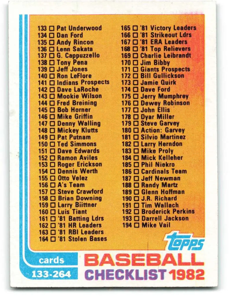 1982 Topps #226 Checklist 133-264 EX Excellent Checklist Baseball Card - Baseball Card Single
