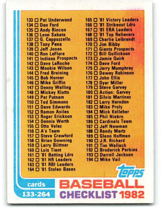 1982 Topps #226 Checklist 133-264 EX Excellent Checklist Baseball Card - Baseball Card Single