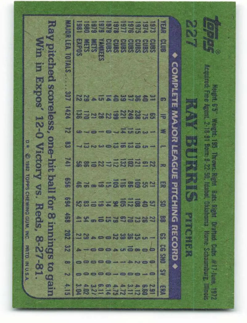 1982 Topps #227 Ray Burris EX Excellent Montreal Expos Baseball Card - Baseball Card Single