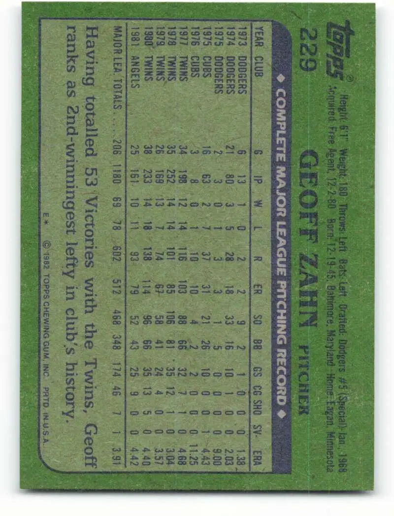 1982 Topps #229 Geoff Zahn EX Excellent California Angels Baseball Card - Baseball Card Single
