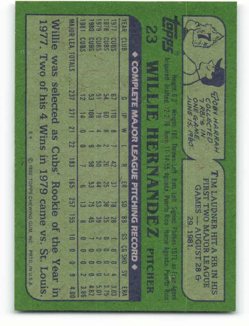 1982 Topps #23 Willie Hernandez EX Excellent Chicago Cubs Baseball Card - Baseball Card Single