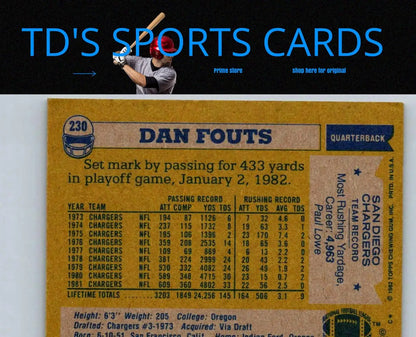 1982 Topps #230 Dan Fouts football card, a must-have for trading cards collectors