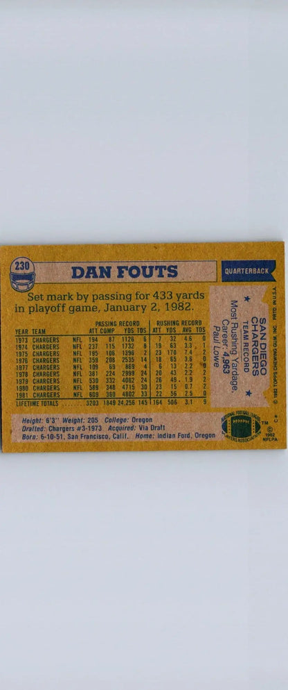 Dan Fouts football card from 1982 Topps #230, a must-have for trading cards collectors