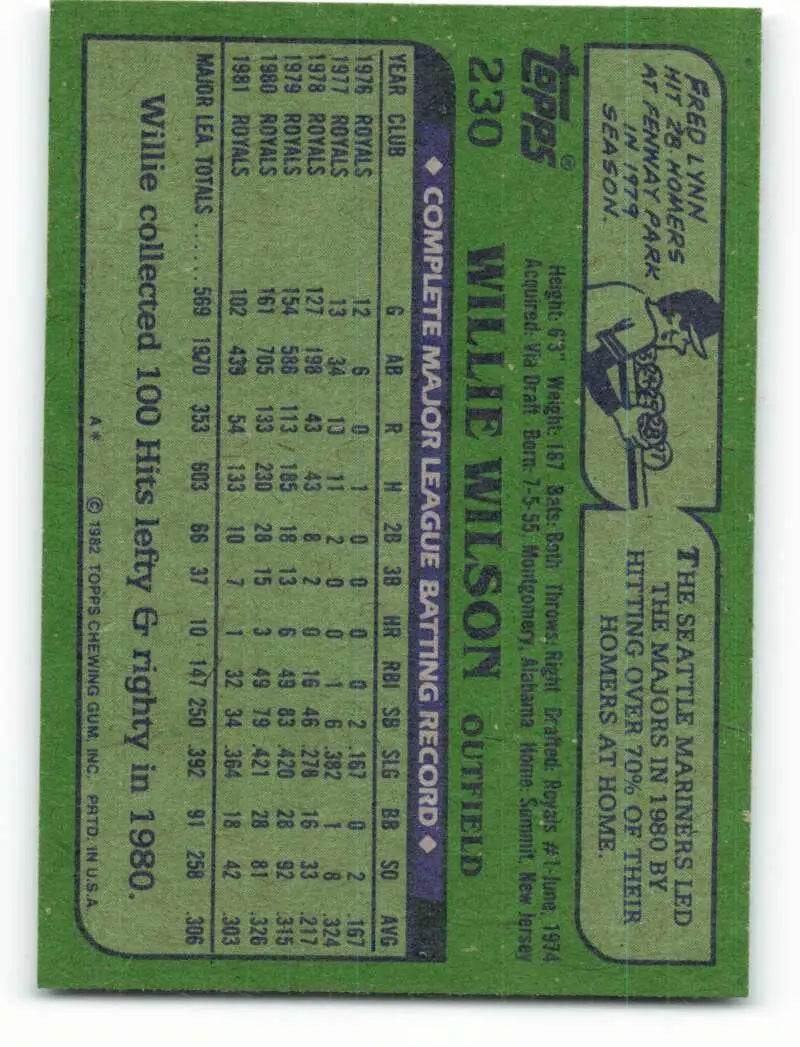 1982 Topps #230 Willie Wilson EX Excellent Kansas City Royals Baseball Card - Baseball Card Single
