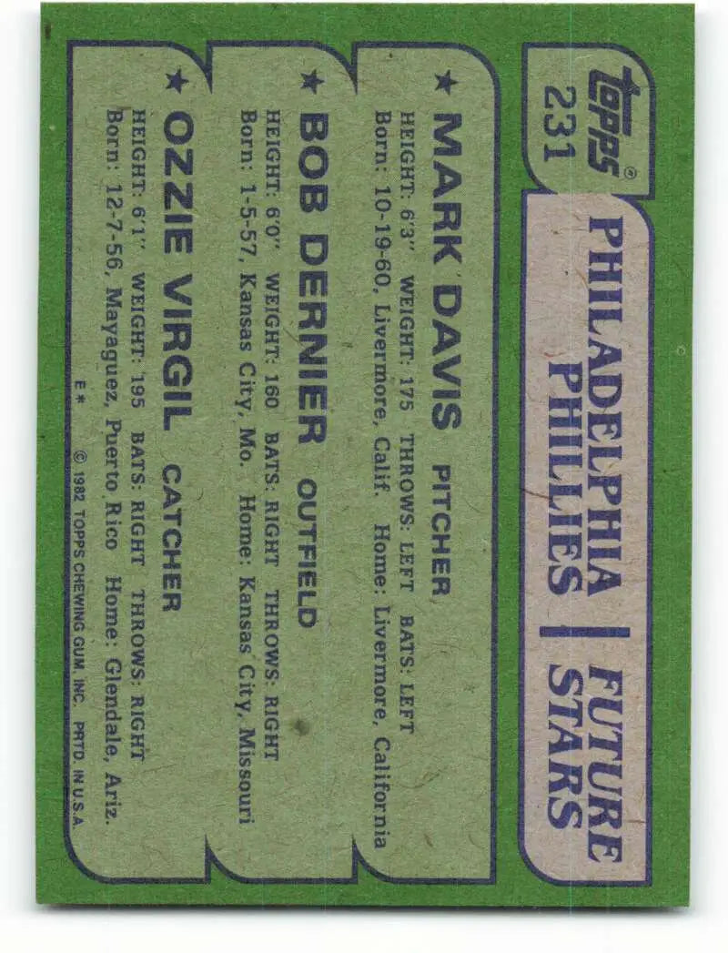 1982 Topps #231 Mark Davis/Bob Dernier/Ozzie Virgil EX Excellent RC Rookie Philadelphia Phillies Baseball Card