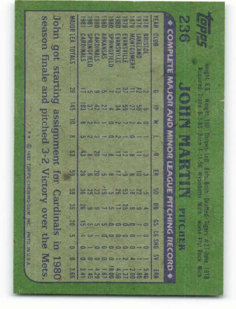 1982 Topps #236 John Martin EX Excellent RC Rookie St. Louis Cardinals Baseball Card - Baseball Card Single