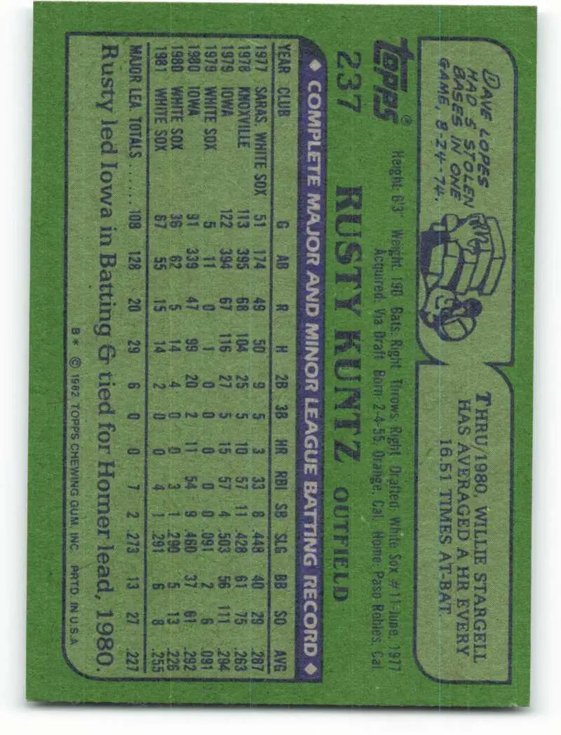 1982 Topps #237 Rusty Kuntz EX Excellent Chicago White Sox Baseball Card - Baseball Card Single