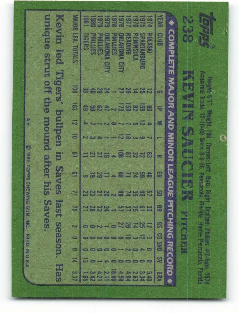 1982 Topps #238 Kevin Saucier EX Excellent Detroit Tigers Baseball Card - Baseball Card Single