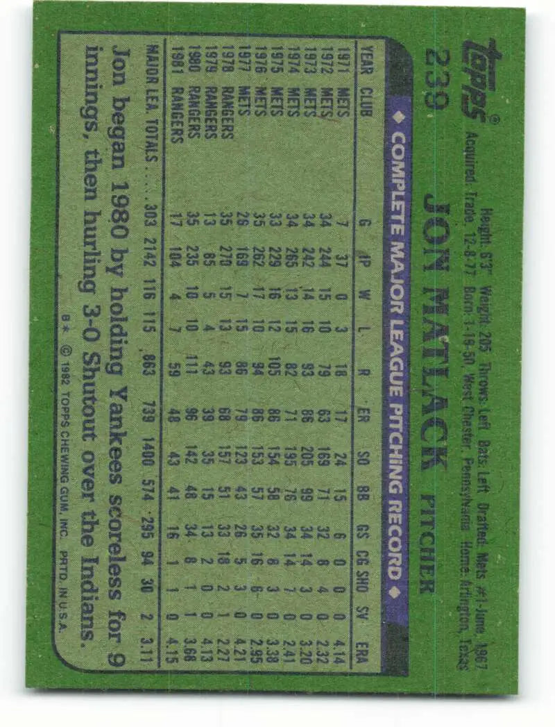 1982 Topps #239 Jon Matlack EX Excellent Texas Rangers Baseball Card - Baseball Card Single