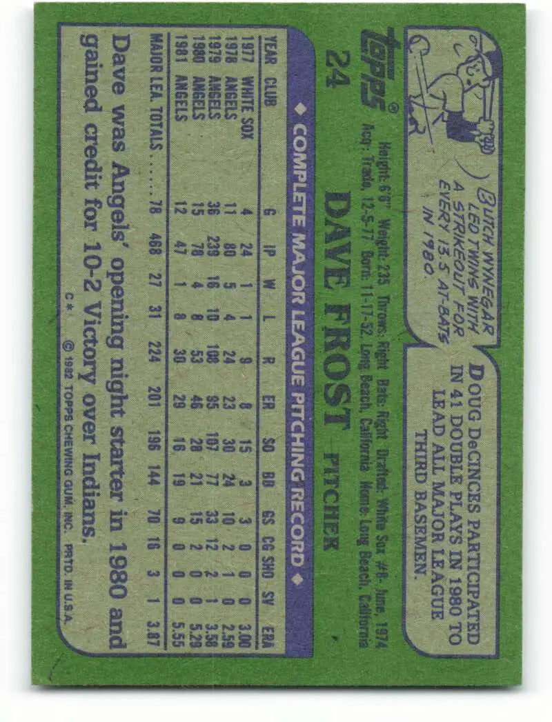 1982 Topps #24 Dave Frost EX Excellent California Angels Baseball Card - Baseball Card Single