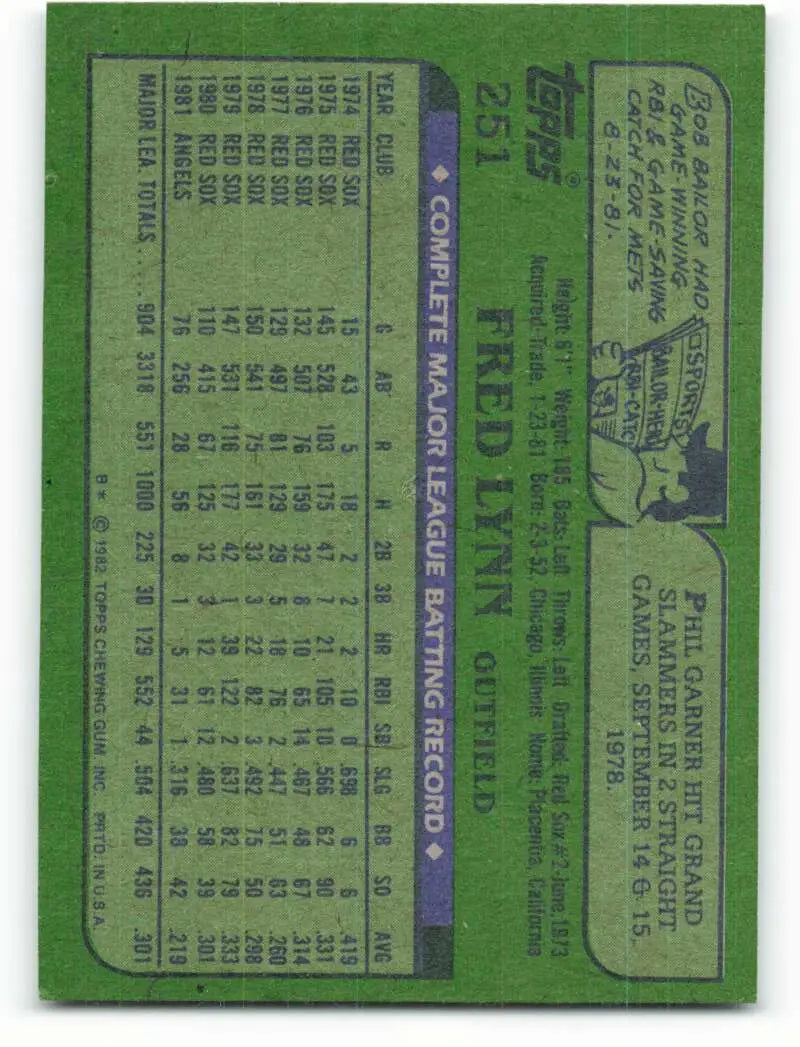 1982 Topps #251 Fred Lynn EX Excellent California Angels Baseball Card - Baseball Card Single