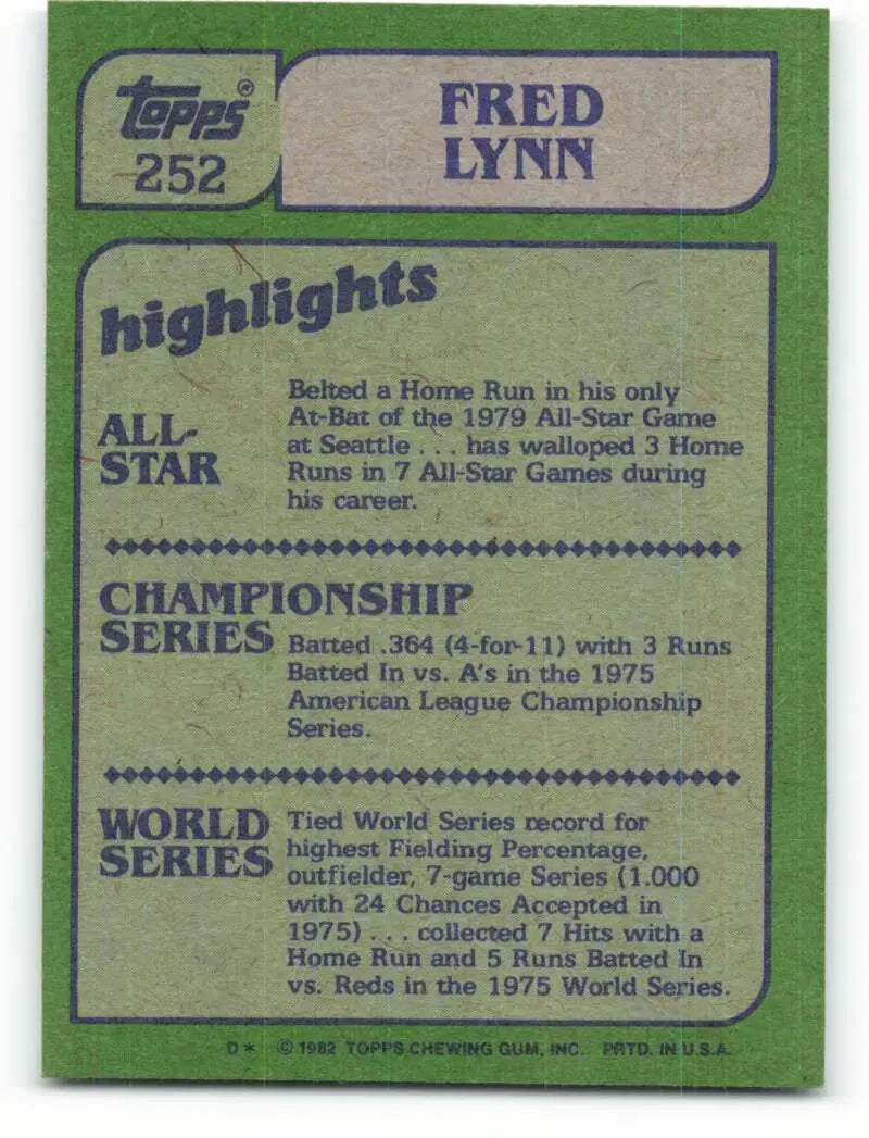 1982 Topps #252 Fred Lynn EX Excellent California Angels Baseball Card - Baseball Card Single