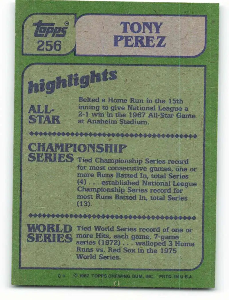 1982 Topps #256 Tony Perez EX Excellent Boston Red Sox Baseball Card - Baseball Card Single