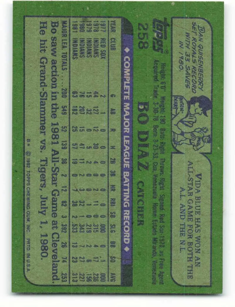 1982 Topps #258 Bo Diaz EX Excellent Cleveland Indians Baseball Card - Baseball Card Single