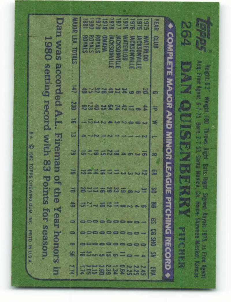 1982 Topps #264 Dan Quisenberry EX Excellent Kansas City Royals Baseball Card - Baseball Card Single
