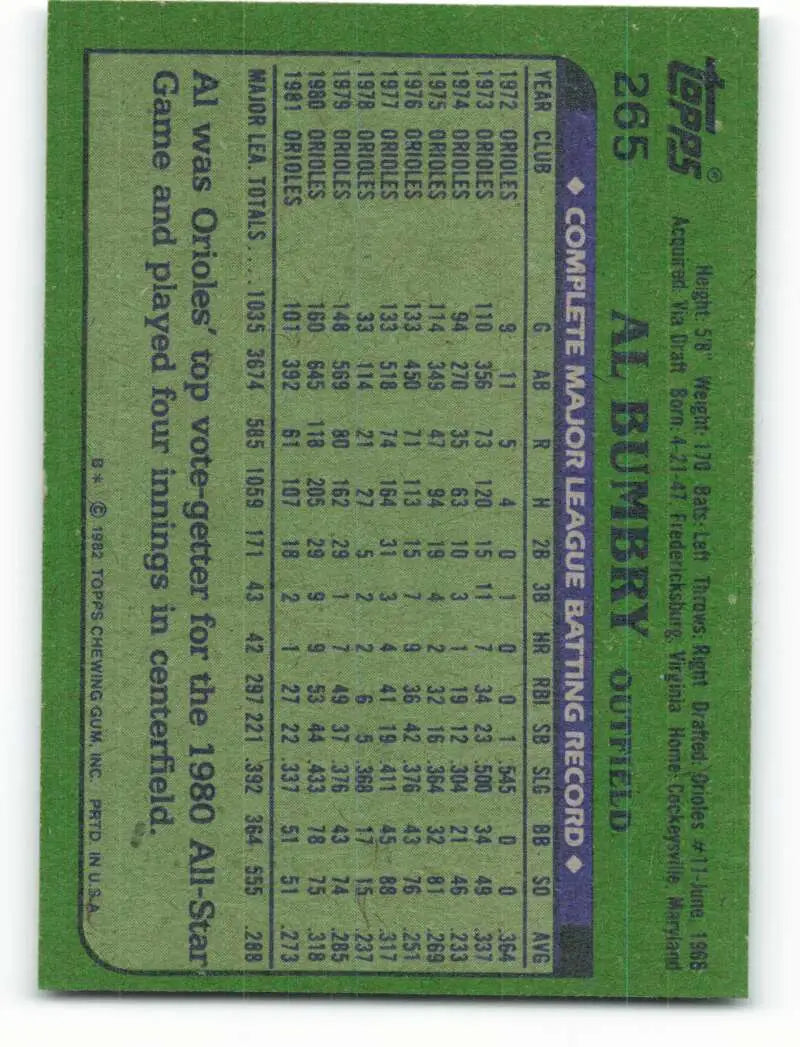1982 Topps #265 Al Bumbry EX Excellent Baltimore Orioles Baseball Card - Baseball Card Single