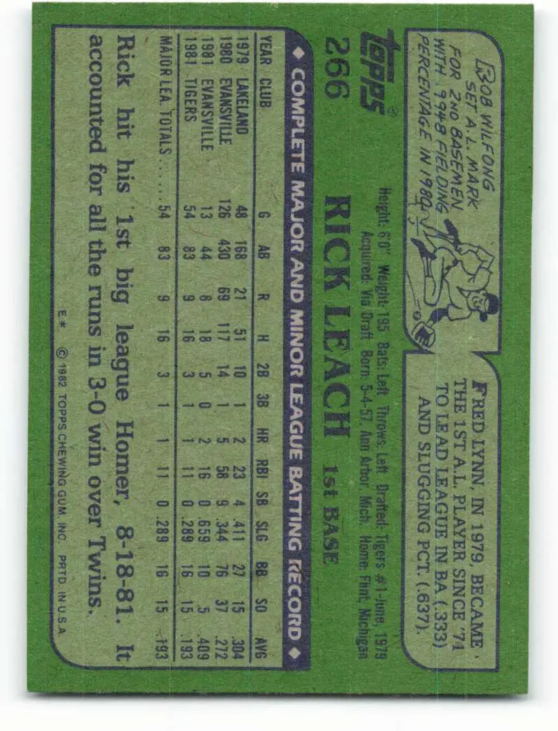 1982 Topps #266 Rick Leach EX Excellent RC Rookie Detroit Tigers Baseball Card - Baseball Card Single