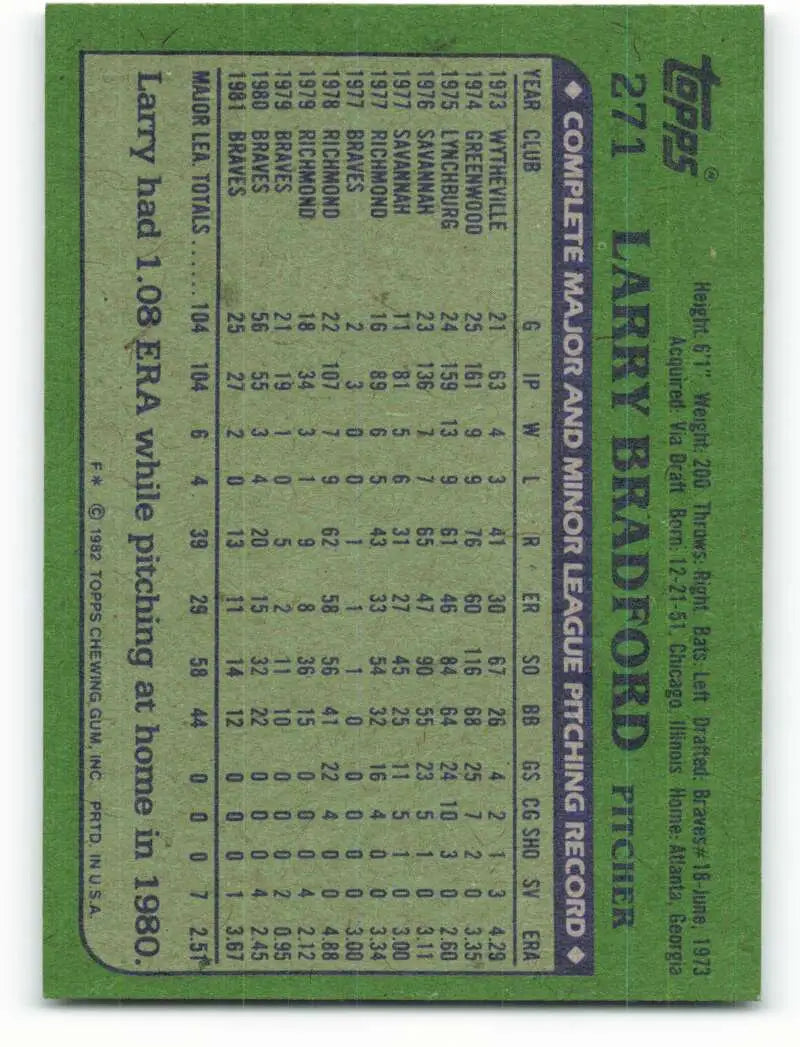 1982 Topps #271 Larry Bradford EX Excellent Atlanta Braves Baseball Card - Baseball Card Single