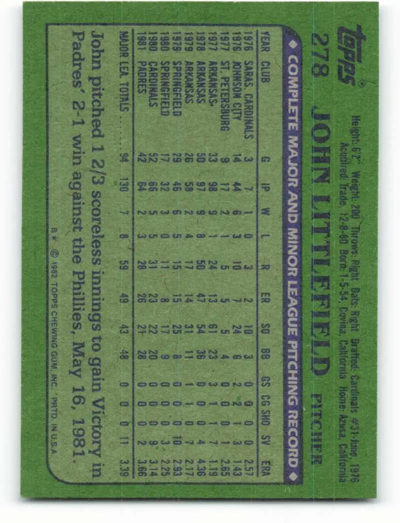1982 Topps #278 John Littlefield EX Excellent San Diego Padres Baseball Card - Baseball Card Single