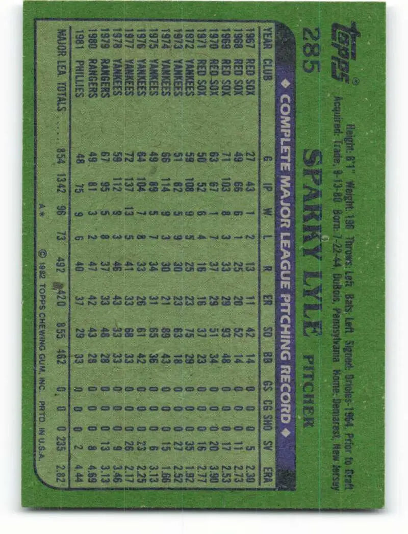 1982 Topps #285 Sparky Lyle EX Excellent Philadelphia Phillies Baseball Card - Baseball Card Single