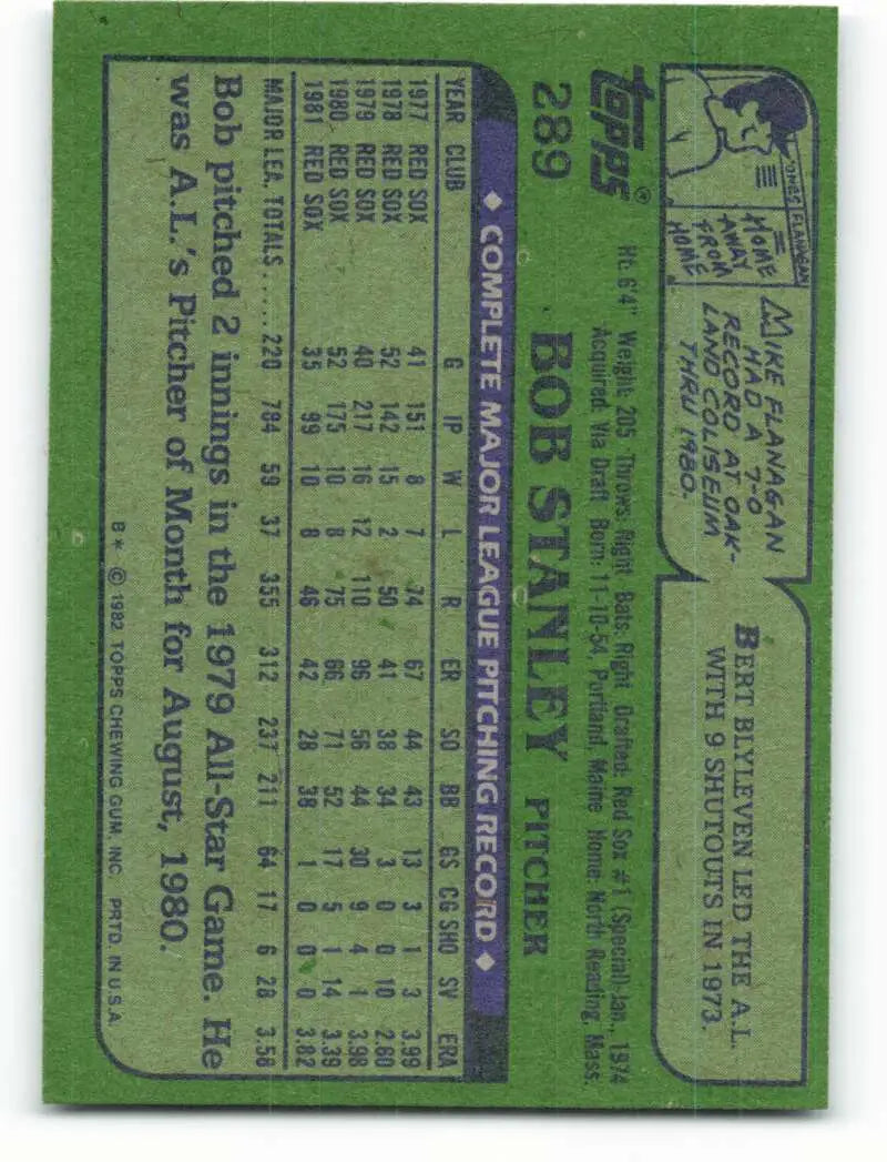 1982 Topps #289 Bob Stanley EX Excellent Boston Red Sox Baseball Card - Baseball Card Single