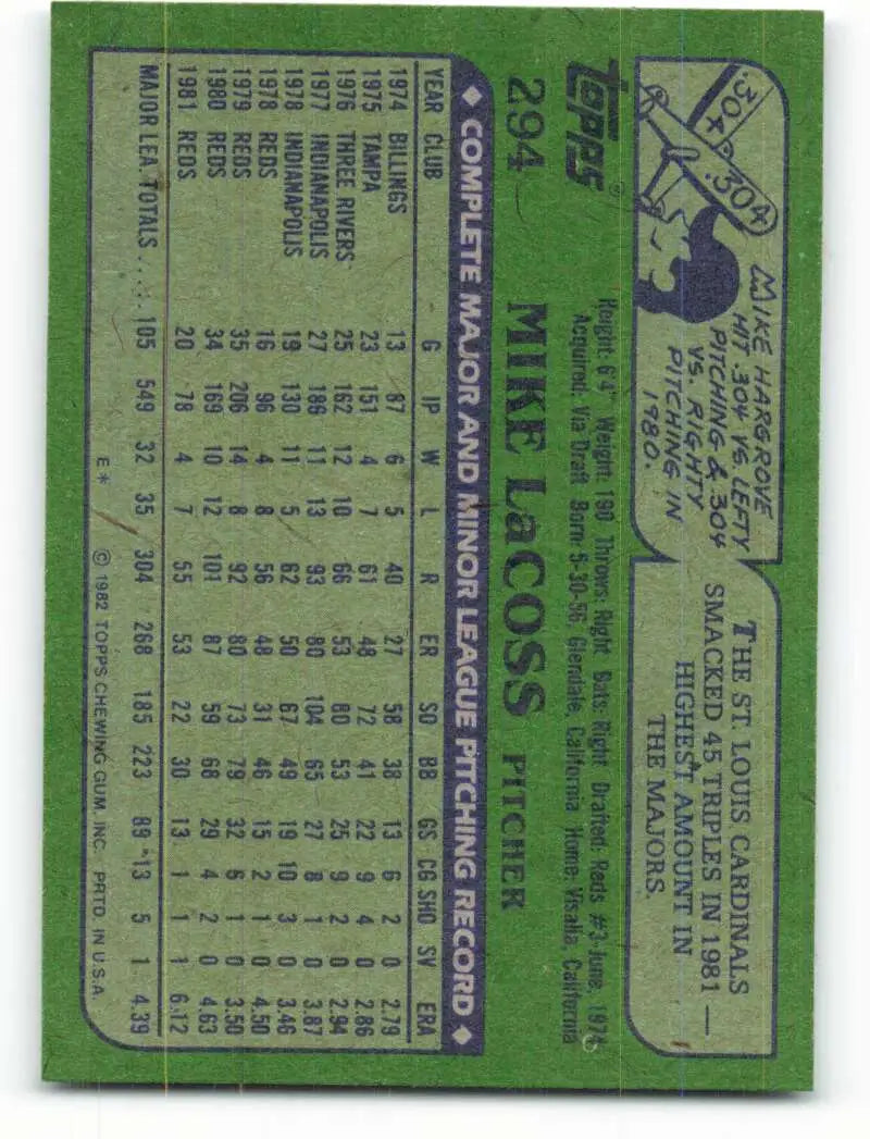 1982 Topps #294 Mike LaCoss EX Excellent Cincinnati Reds Baseball Card - Baseball Card Single